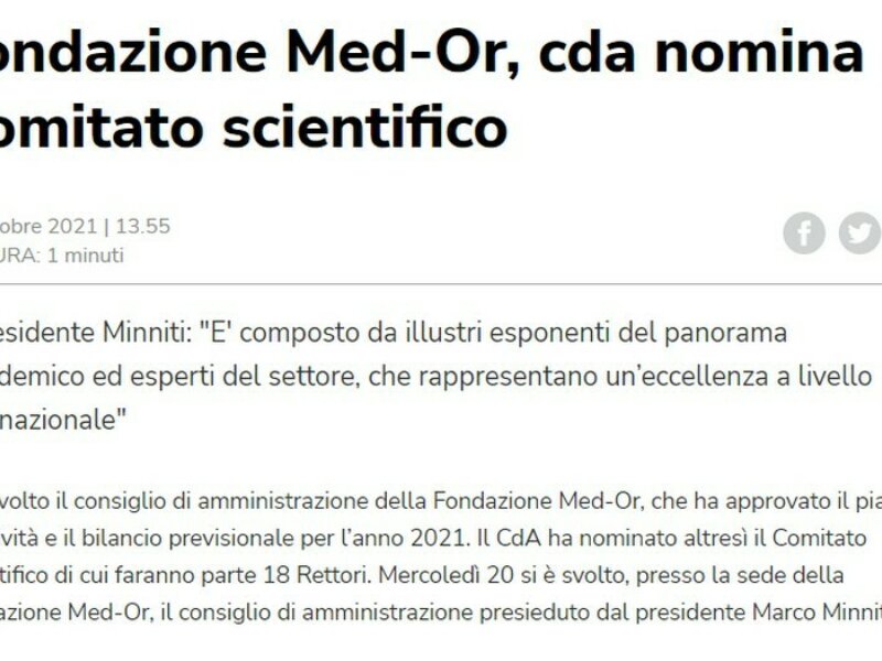 Adnkronos - Fondazione Med-Or, cda nomina Comitato scientifico