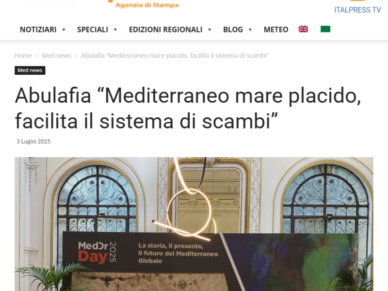 Abulafia “Mediterraneo mare placido, facilita il sistema di scambi”