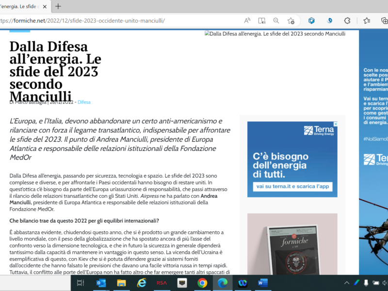 Formiche - Dalla Difesa all’energia. Le sfide del 2023 secondo Manciulli