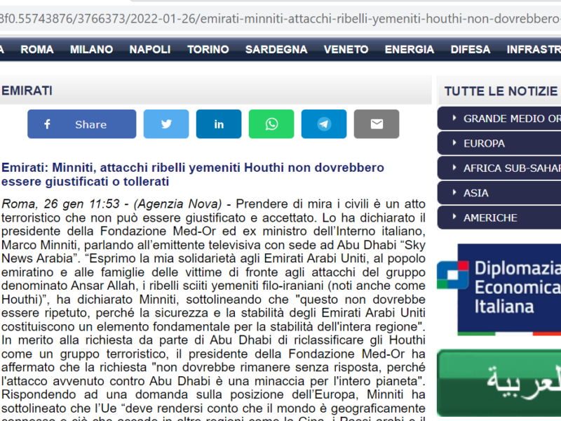 Agenzia Nova - Emirati: Minniti, attacchi ribelli yemeniti Houthi non dovrebbero essere giustificati o tollerati