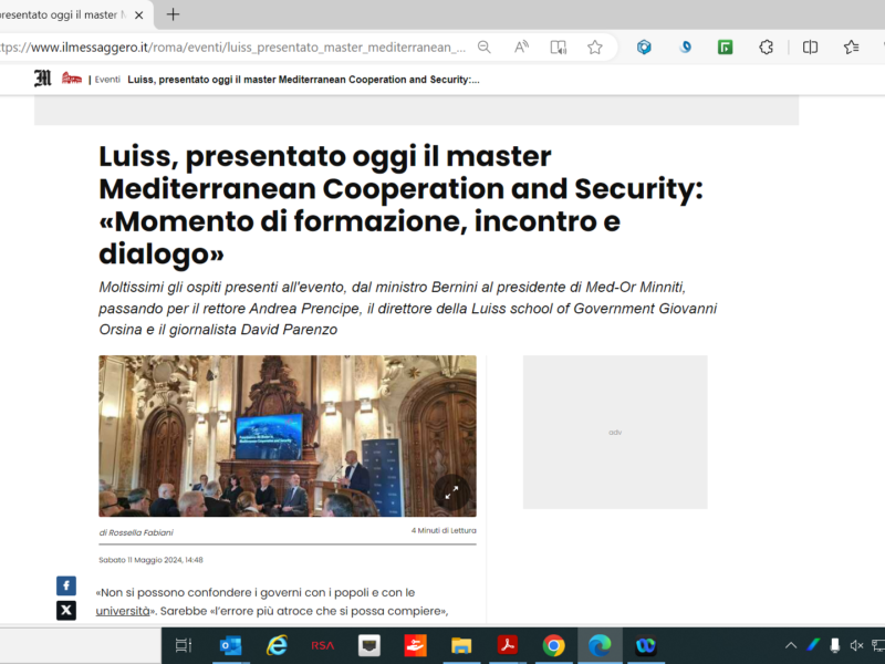 Il Messaggero - Luiss, presentato oggi il master Mediterranean Cooperation and Security: «Momento di formazione, incontro e dialogo»